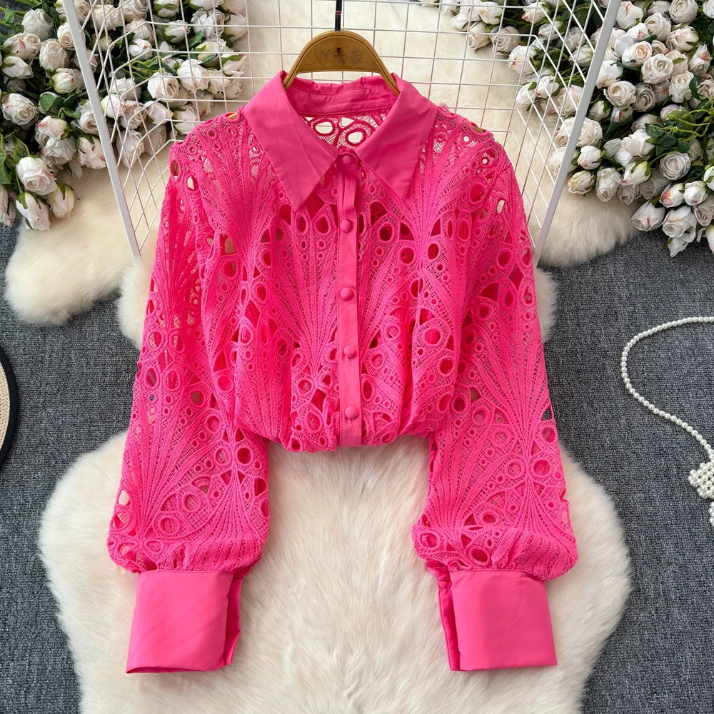 

French Vintage Chic Elegant Shirts & Blouses Women Hollow Out Female Lace Blouse Long Sleeve Loose Blusas Top Dropshipping