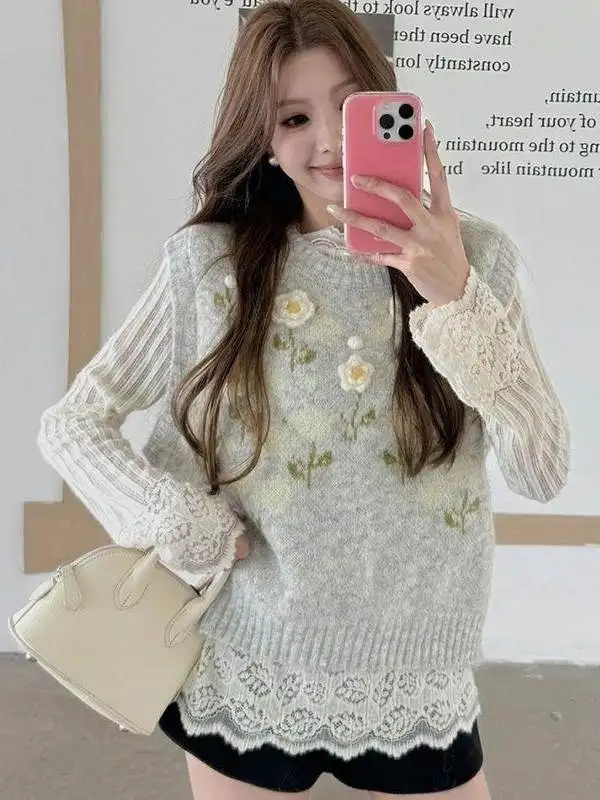 Deep Grey Sleeveless Layered Vest Women's Loose round Neck Knitted Sweater Beautiful Top Breathable Plant Floral Embroidered
