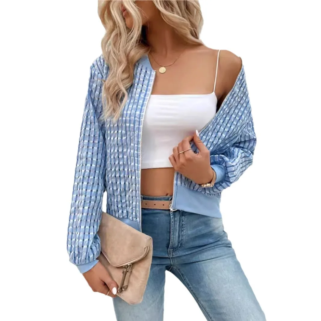 Vintage Plaid Bomber Biker White Jackets Women's Autumn Casual Long Sleeve Coat Female Zipper Short Jackets Outwears Streetwear