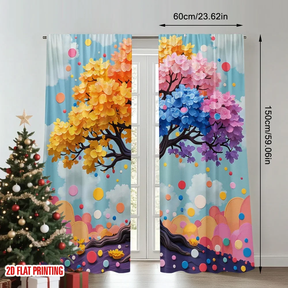 2pcs 2D flat printing Window Curtains Vibrant Tree Colorful Floral Digital Printed Polyester Drapes Family Party Decoration for