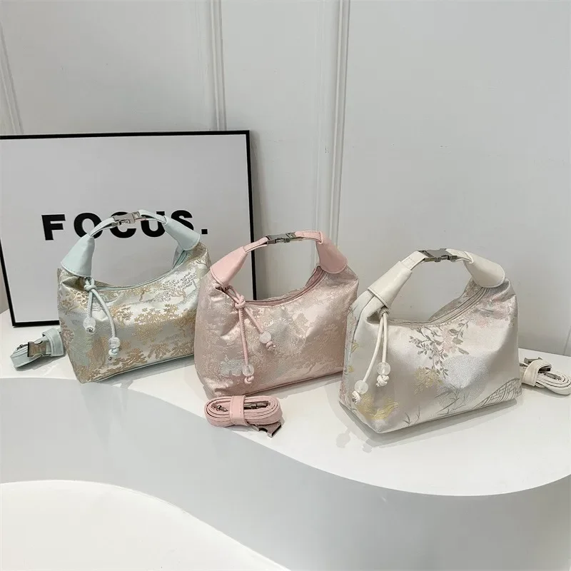 

Женские сумки через плечо с милой вышивкой, нейлоновая текстурированная сумка с жемчужным кулоном, маленькая сумка-ведро через плечо для женщин и девушек