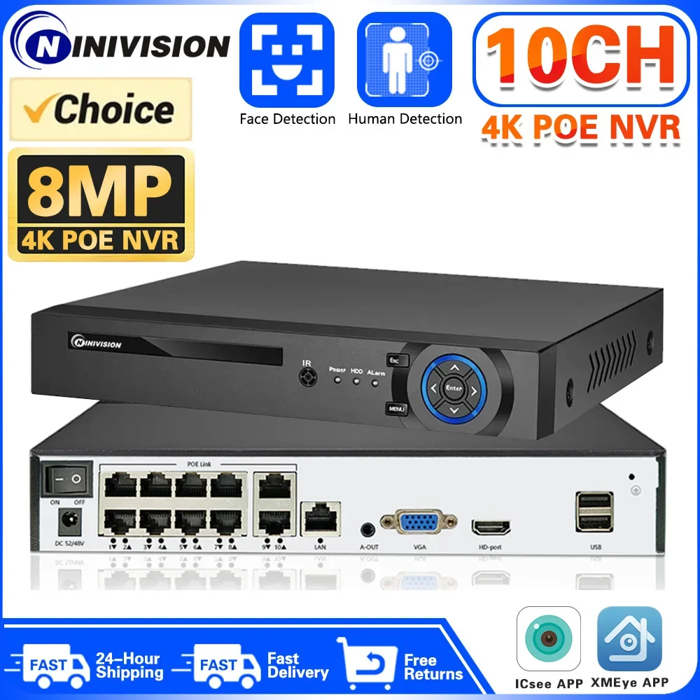 

CCTV 10CH POE NVR Face Detection Home Surveillance 4K 8MP 8CH IP Network IVR Audio Video Recorder Security Camera System XMeye