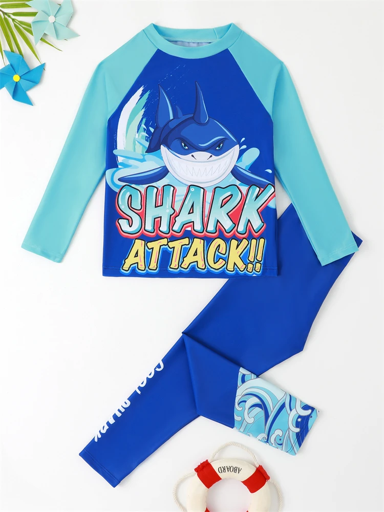

Детский купальник для мальчиков, новинка 2025 года, брюки с длинными рукавами и рисунком акулы, детский купальник, летняя пляжная одежда из 2 предметов, купальный костюм для плавания