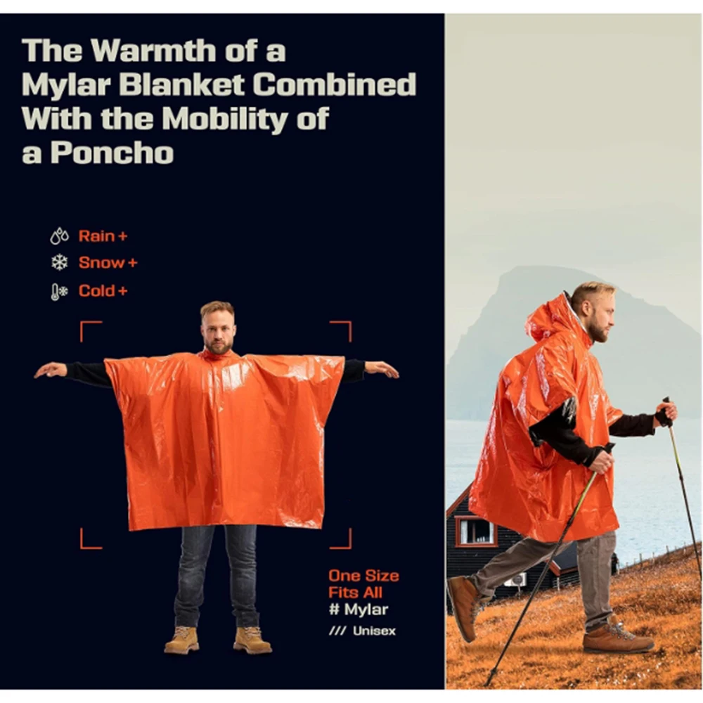 Tragbarer Notfall-Regenponcho für den Außenbereich mit Mylar-Deckenfutter, Thermo-Poncho, wasserdicht, windabweisend, für Camping-Notfälle