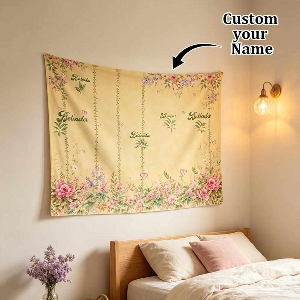 1PC Personalized Vintage Yellow Floral Vine Tapestry Custom Name Repeating Striped Botanical Wall Hanging Bedroom Decor