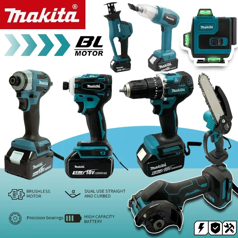 

Различные модели портативных аккумуляторных электроинструментов Makita: ударный шуруповерт, аккумуляторная отвертка, электрическая сабельная пила