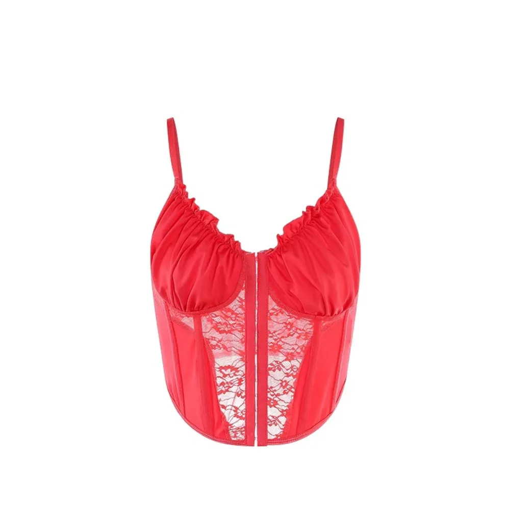 

Elegant Mesh Hollow Lace Flower Camisole Ruffle Sleeveless Lace Corset Sweet Tank Slim Crop Tops Ladies