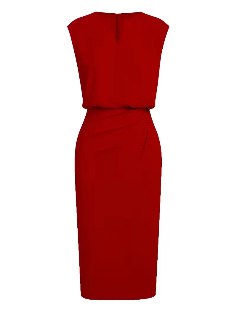 Damen Rotes Elegantes Ärmelloses V-Ausschnitt Gerafftes Schlankes Arbeits- und Cocktailkleid Sommer Bodycon Bleistift-Midikleid – Detail 5