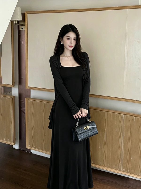 

Fashionable Ice Silk Thin Outerwear Double Shoulder Strap Dress Summer 2026 Women's Ensemble Long Sleeve Long Dress Set