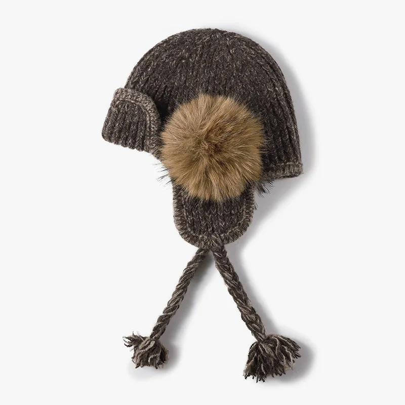 Wool Blend Knit Earflap Hat with Large Faux Fur Pom Pom Braided Tassels Warm Winter Beanie Hats for Women Girls