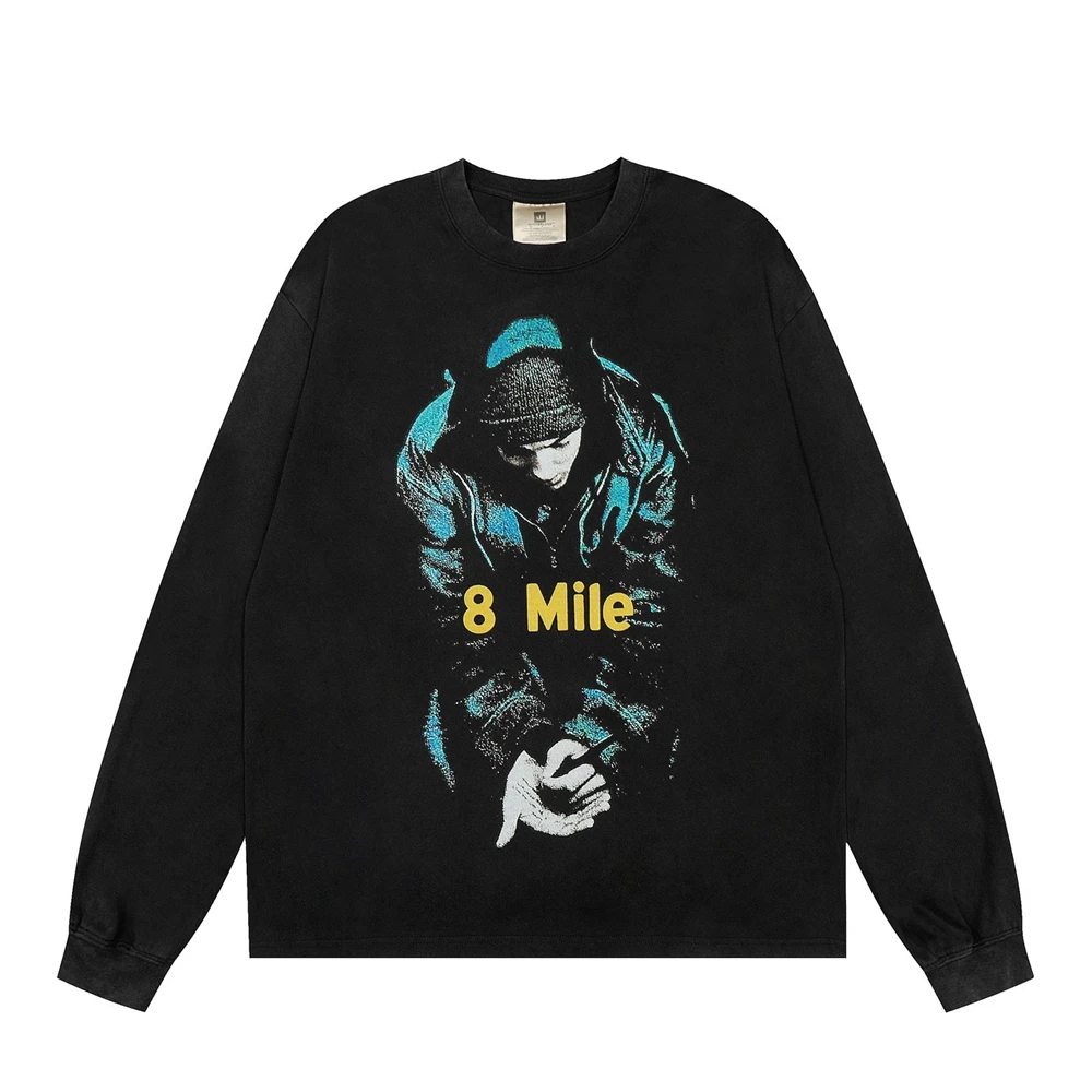

Винтажная 8-мильная ограниченная серия, потертая футболка с длинными рукавами в стиле ретро, мужская и женская футболка из стираной тяжелой ткани, футболки