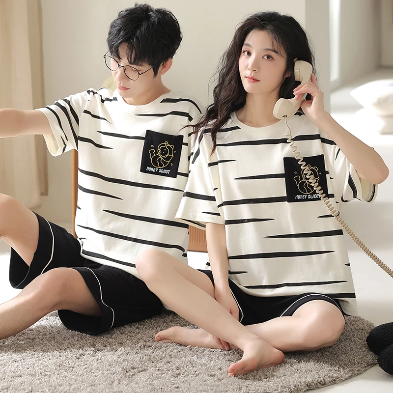 

Summer Lover Pajams Set 100% Cotton Nightwear Men Women Short Sleeve Striped Pyjamas