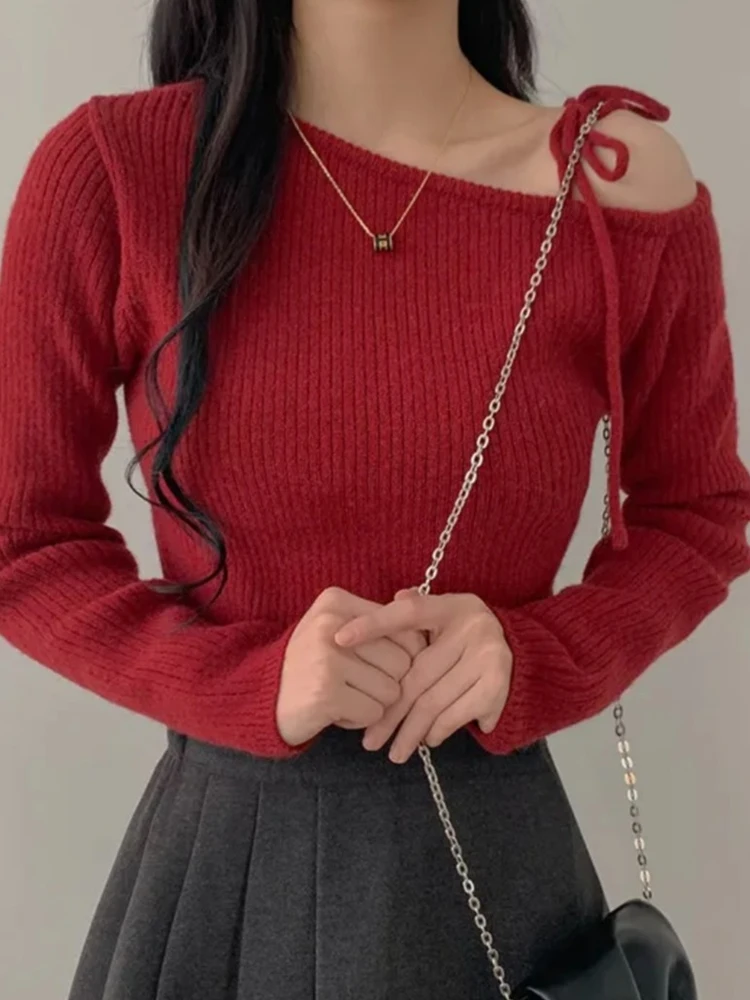 Koreaanse Sle dames gebreide trui met riem asymmetrisch ontwerp sensatie herfst winter faion top klein ence ontwerp