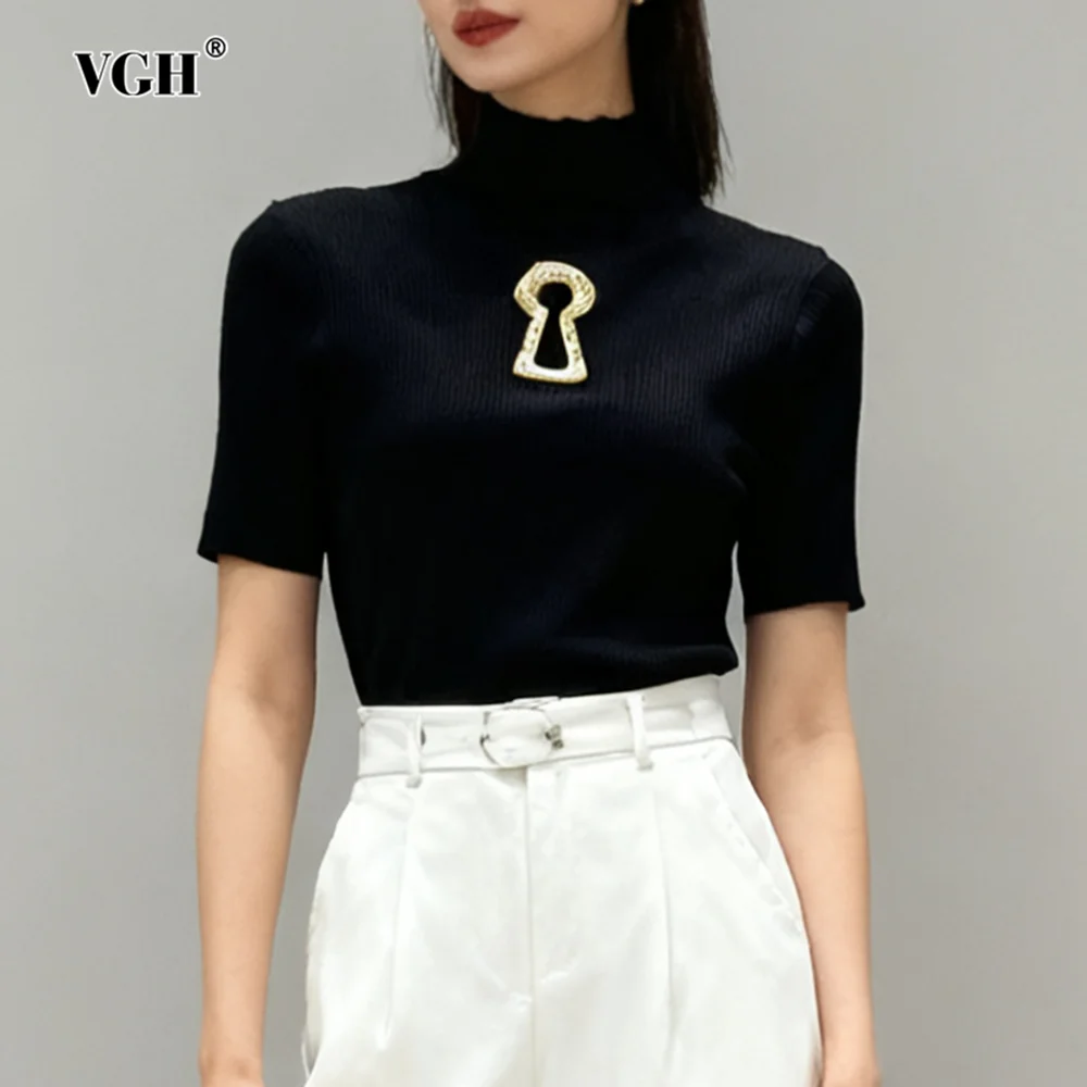 

VGH Hollow Out Slimming Sexy Knitted T Shirts For Women Round Neck Short Sleeve Autumn Temperament T Shirt Female Fashion New
