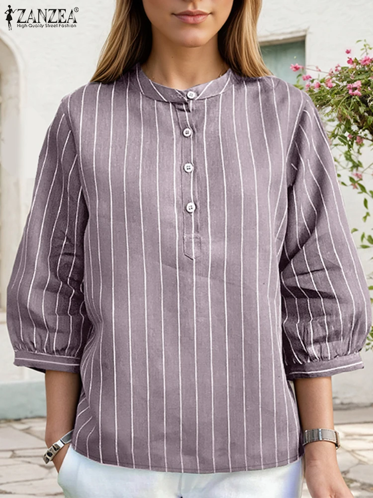 

ZANZEA 2025 женские повседневные полосатые блузки осенний воротник-стойка три четверти с пышными рукавами и полупуговицами топы свободная повседневная одежда