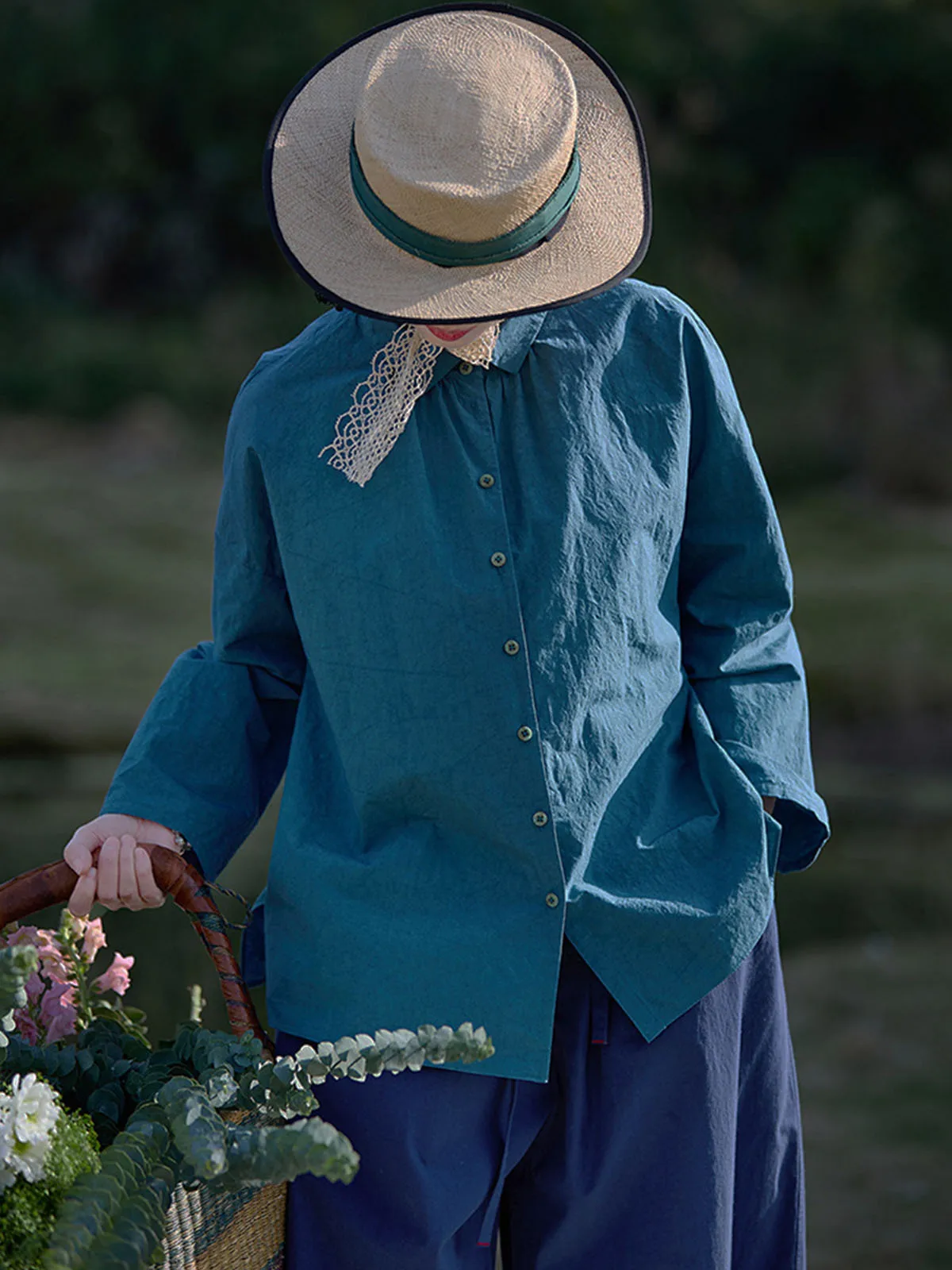 Retro Artistiek Katoen Single-Breasted Shirt Lange Mouwen Dames Lente Zomer Getextureerde Kleine Revers Casual Losse Tuniek Tops Jas