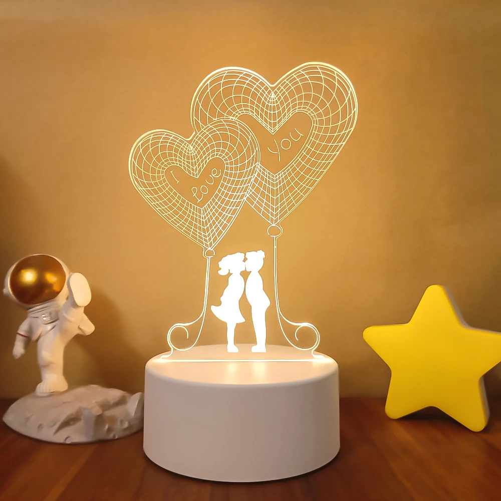 Romantic Love 3D Lamp Heart-shaped Balloon Acrylic LED Night Light Decorative Table Lamp Valentine\'s Day Sweetheart Wife\'s Gift