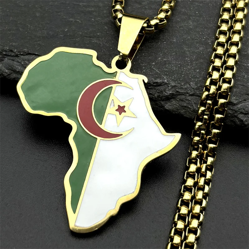 الجزائر الأفريقي خريطة العلم قلادة قلادة للنساء الرجال الفولاذ المقاوم للصدأ الملونة المينا الذهب اللون القمر ستار سلسلة مجوهرات هدية