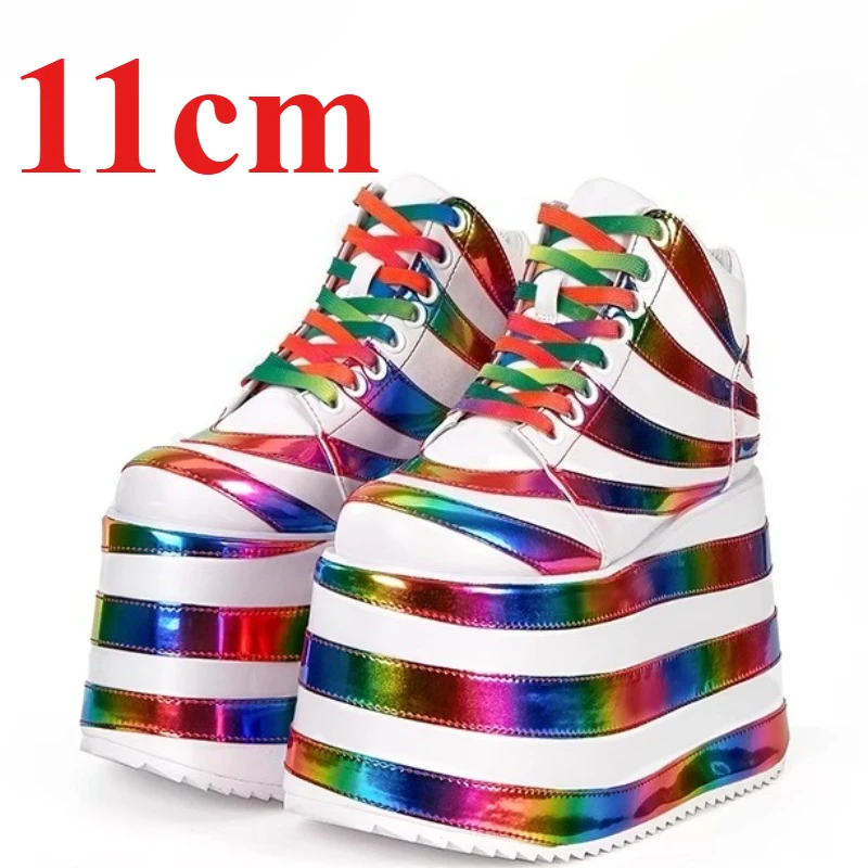 Flash Sequins Colorful Spliced Thick Soled Shoes for Women's 11cm Casual Sports Shoes Height Increasing Comfortable Board Shoes