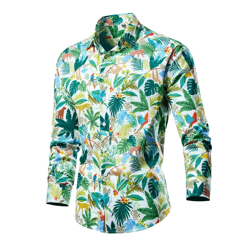 Camisa hawaiana de manga larga para hombre, ropa informal de alta calidad, de algodón suave y delgada, de lujo, con solapas, nueva