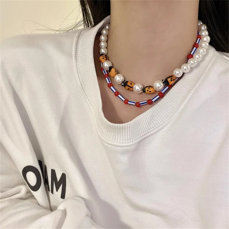 Korean New Fashion Cartoon Cute Yellow Duck Ladybug Beaded Stacked Necklace For Women Girls Personality Trend All-match Jewelry