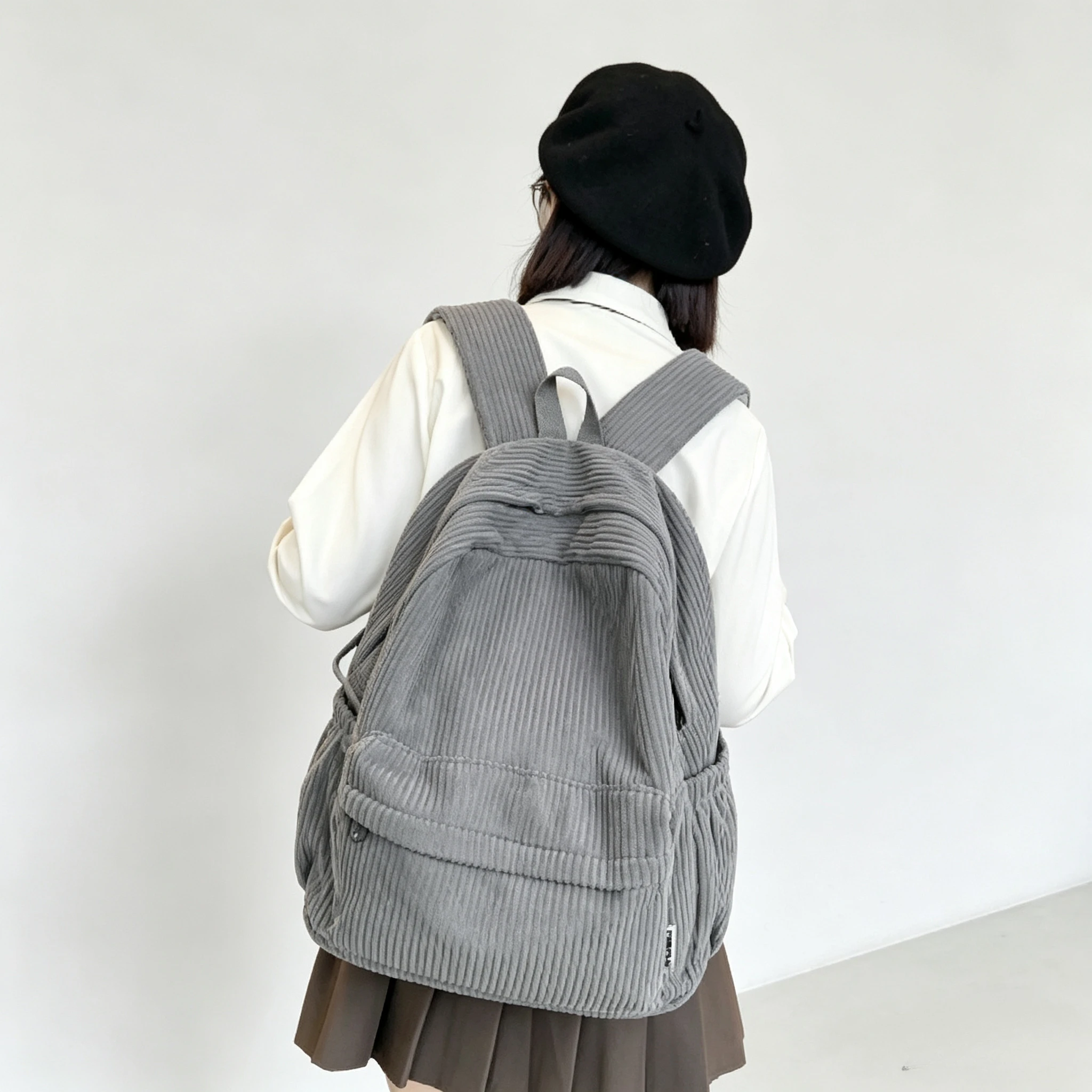 Soft Corduroy Striped Backpack for Teen Girls Large Capacity Casual School Bookbag Lightweight Travel Rucksack Student Daypack