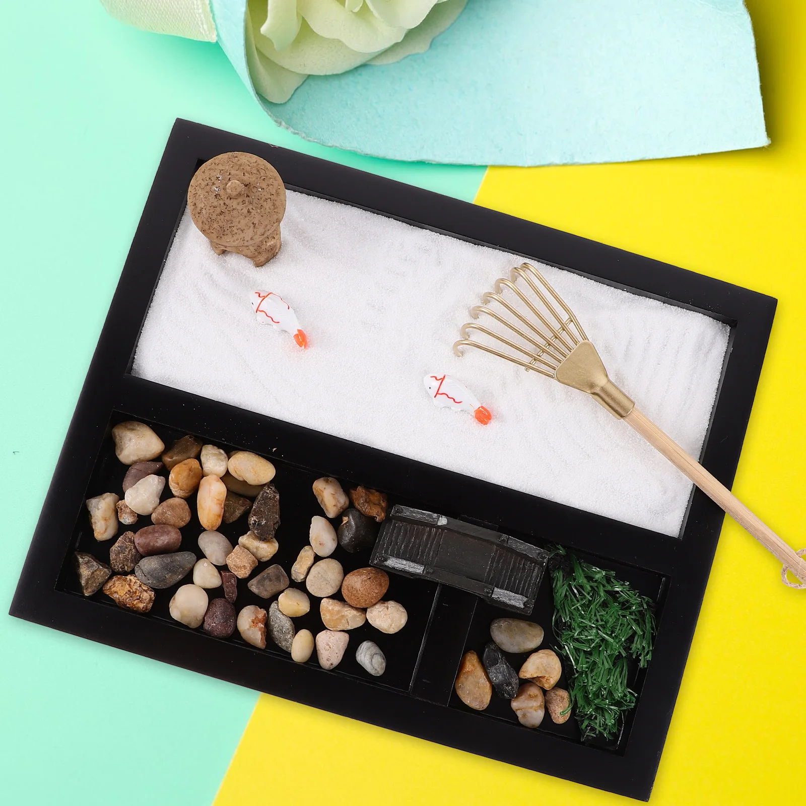 Mini Zen Garden - Dekoracja z piaskiem, stolik z piaskiem z grablią, czarna piaskownica na biurko do medytacji, relaksu, dekoracja biurka w biurze, do użytku w pomieszczeniach