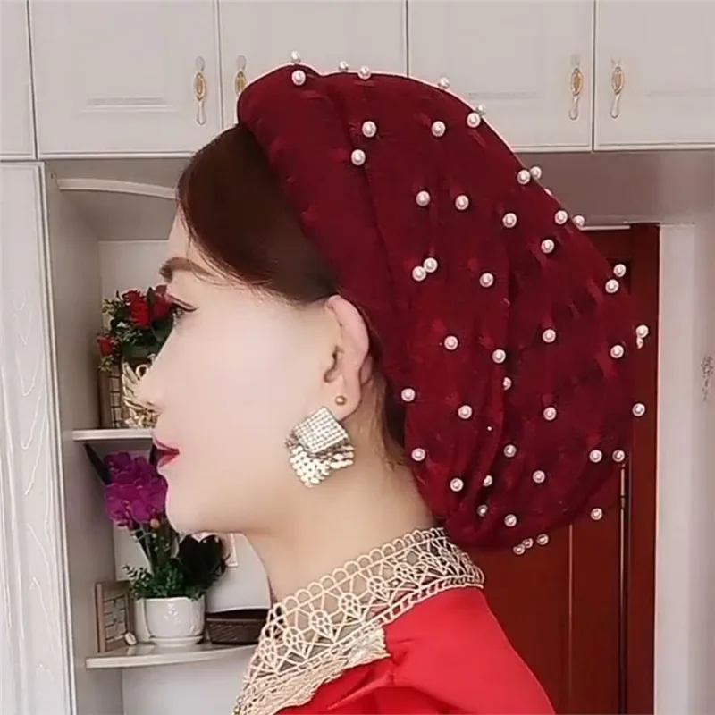 

2025 Pearls Beading Women Lace Turban Cap with Hair Band Female Head Wraps Headband Hat Muslim Headscarf Bonnet Turbante Mejur