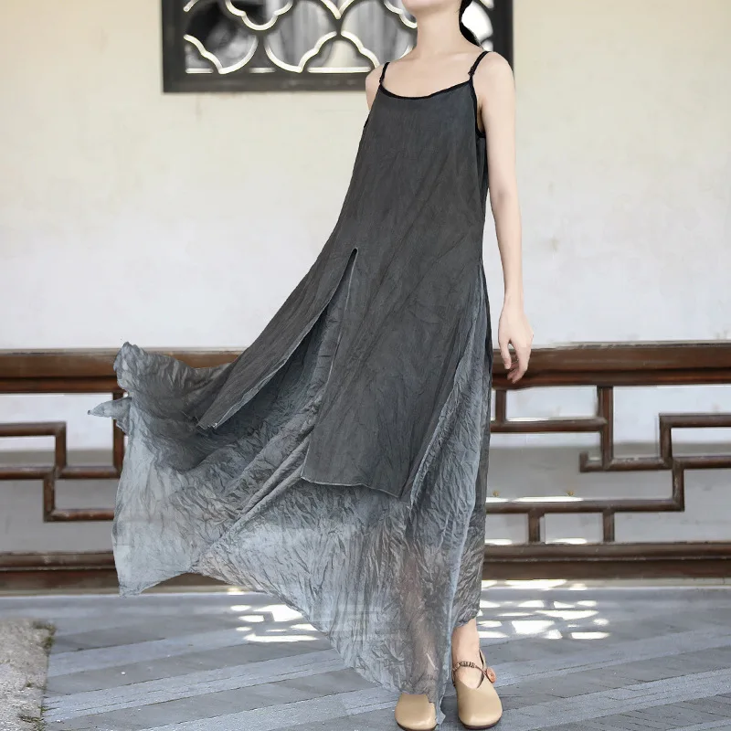 UMI MAO 2024 New Cotton Hemp Dresses Women's Three Layer Flowing Carbon Dyed Old Sling Skirt Pressed Crease Hem Dress For Women