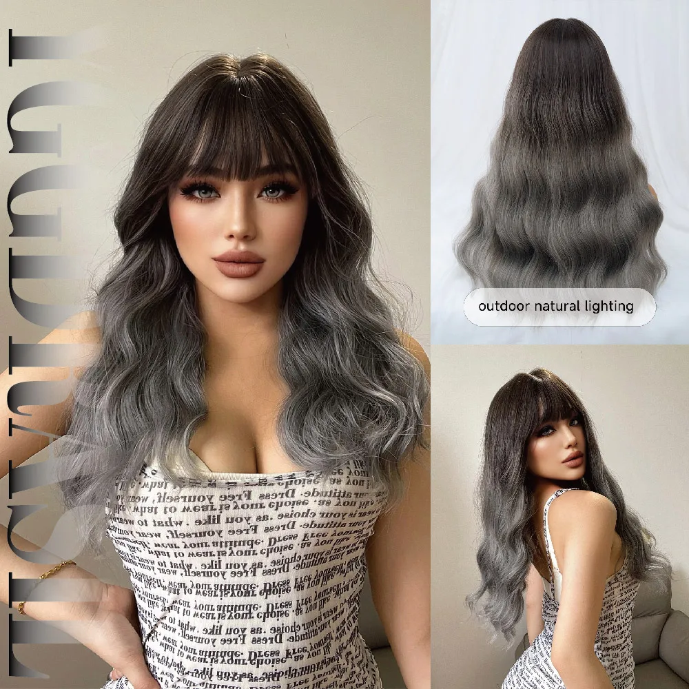 24Inch Magical Silvery Grey Synthetic With Bangs Wigs Medium Natural Wavy Hair Wig for Women Daily Use Cosplay Heat Resistant