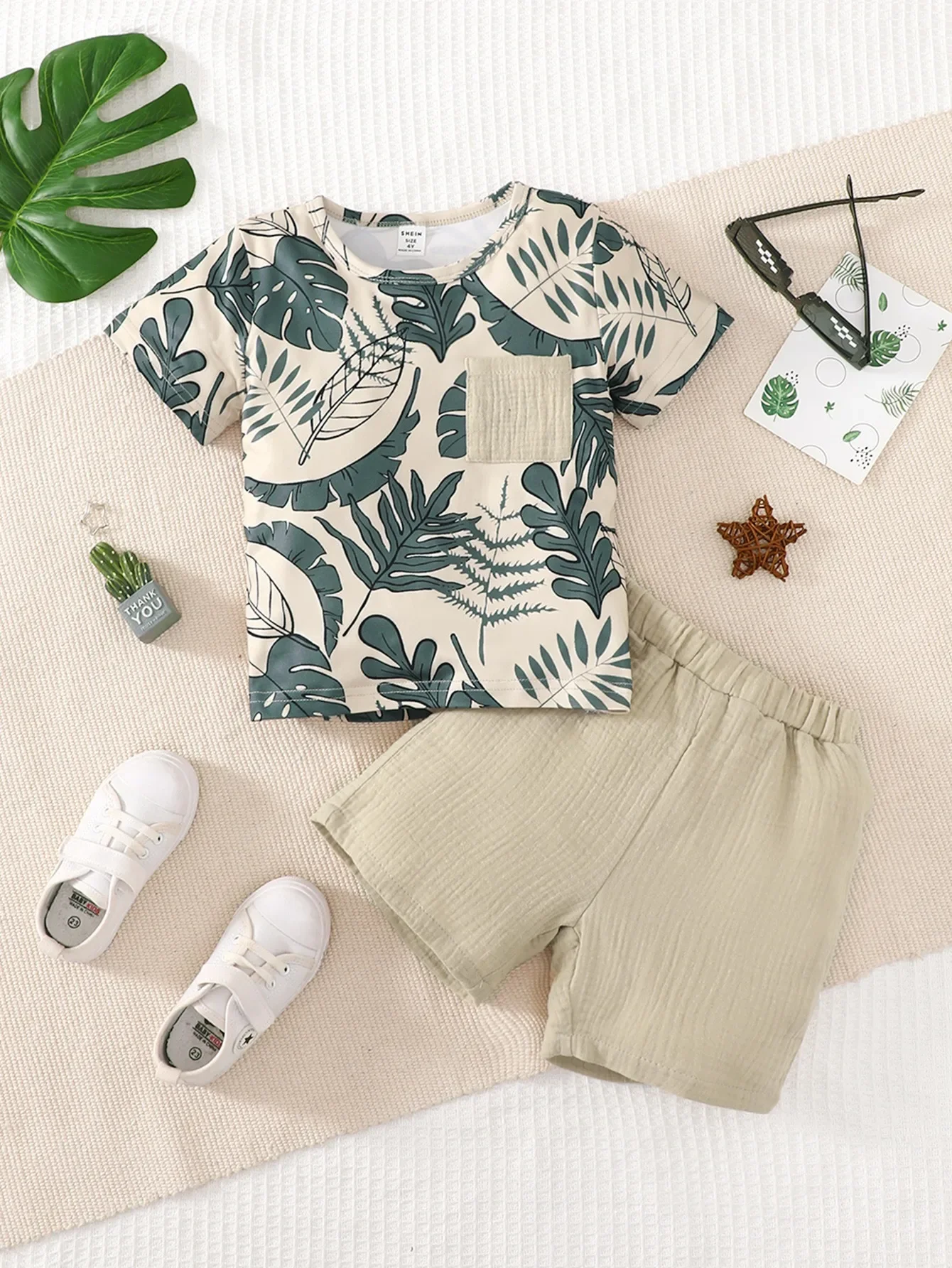 2PCS Kids Boy Clothes Set Short Sleeves Leaf Print Pocket Style T-shirt+Shorts Summer Handsome Outfit For Child Boy 4-7 Years