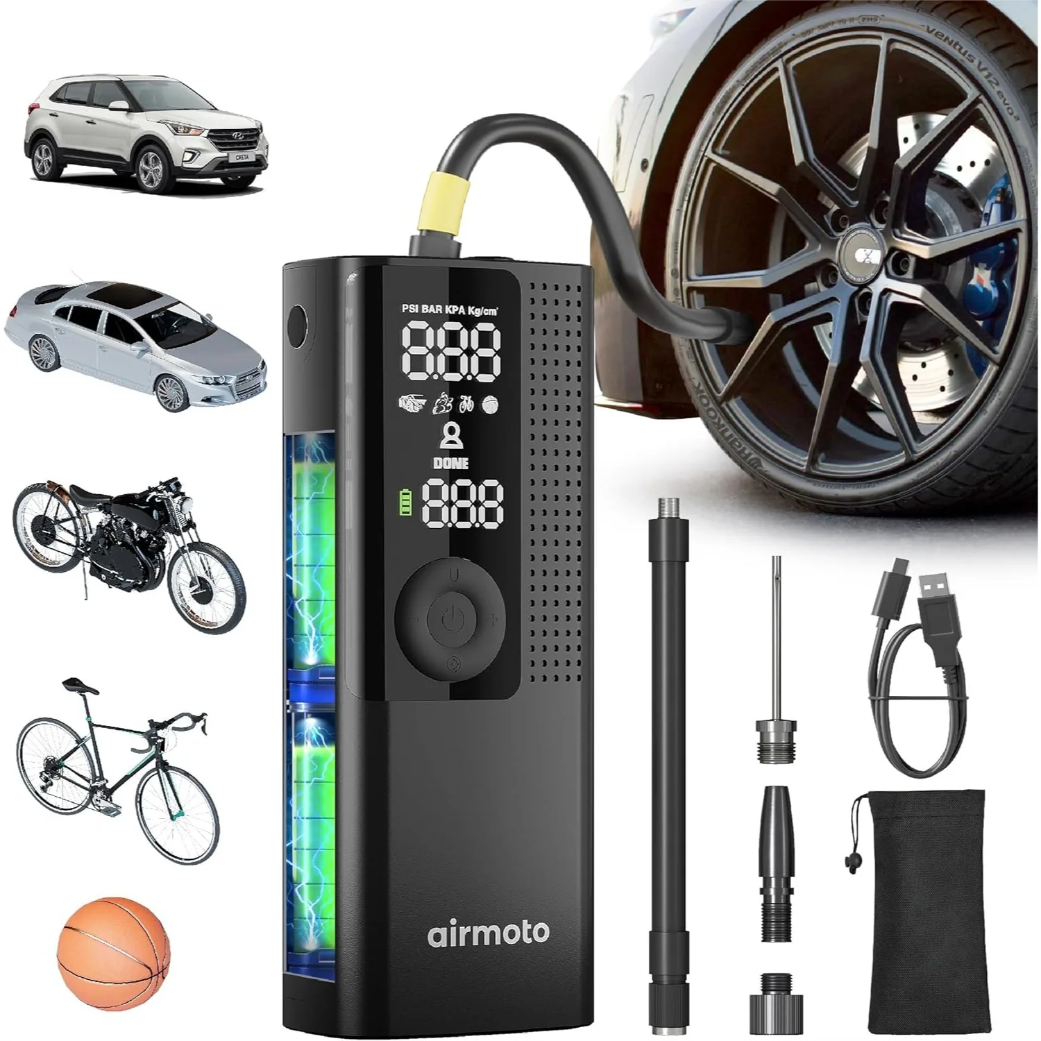 

Portable Tire Inflator with Digital Gauge, Auto Shut-Off, LED Light for Car, Motorcycle, Bike