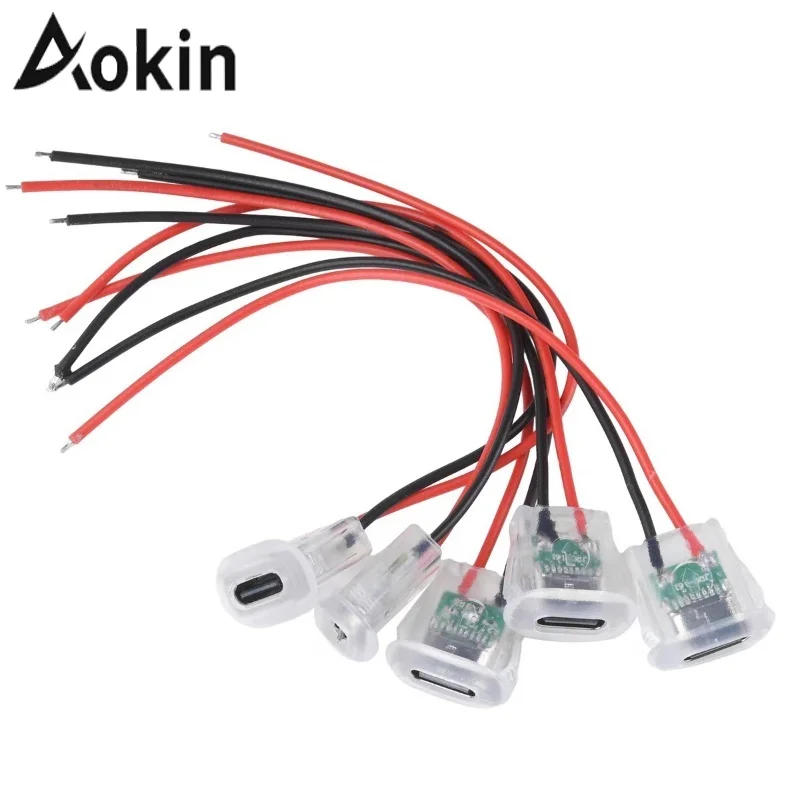 5/10Pcs 2pin USB Type-C 5A Input Charging Socket with LED Light Flat USB-C Power Connector Wire End Female Connector