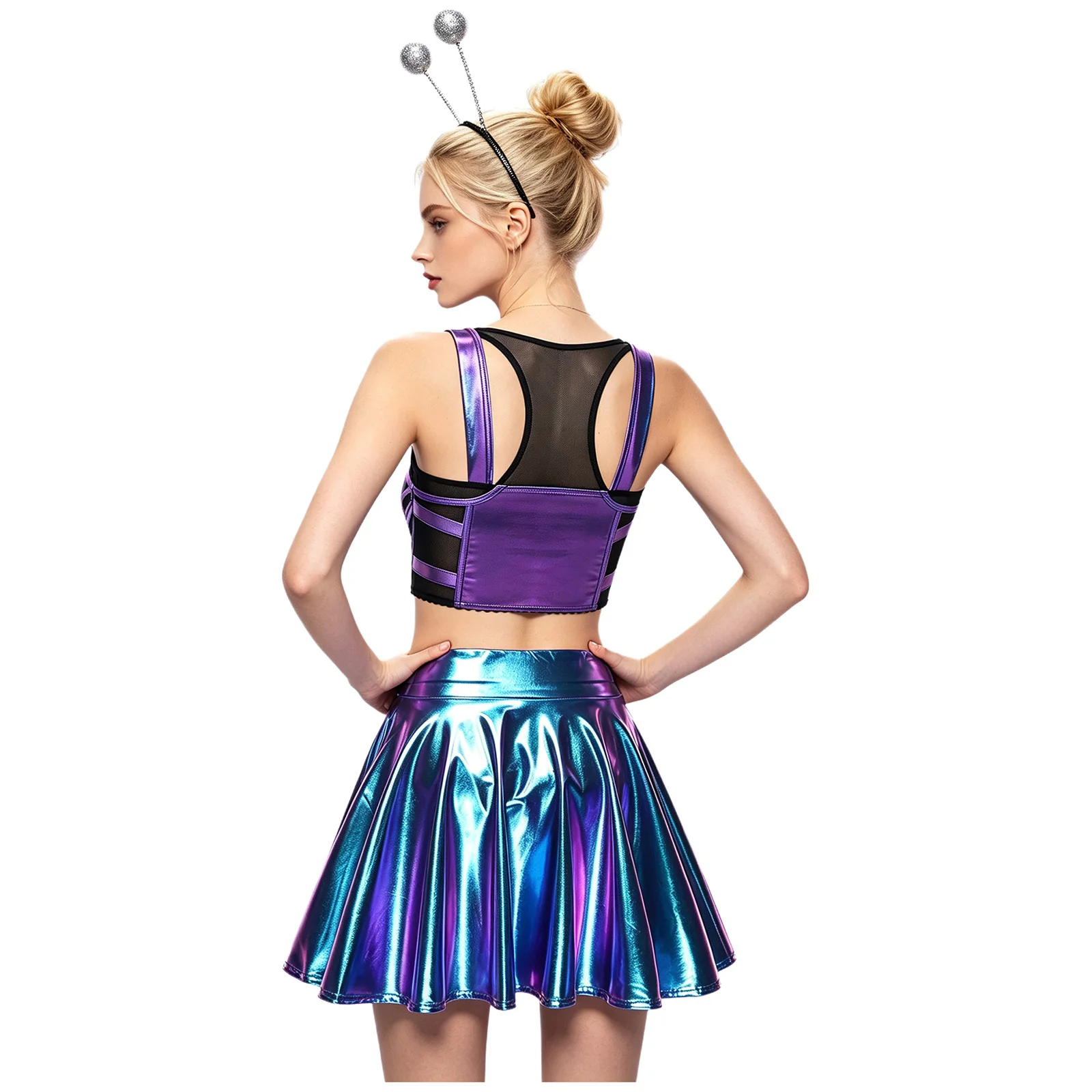 Womens Space Alien Costume Shiny Metallic Crop Tank Top with Miniskirt and Headwear Astronaut Cosplay Outfit for Halloween Party view 4