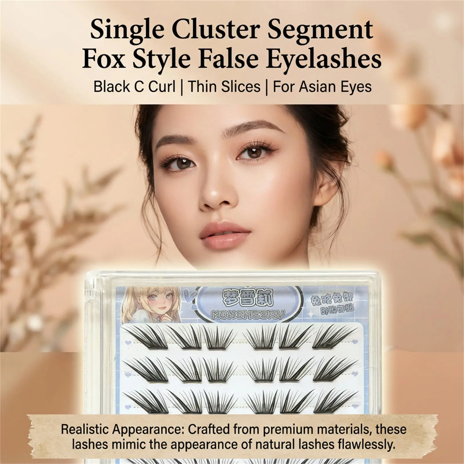 ขนตาปลอมสไตล์จีนแบบใหม่ สไตล์ฟ็อกซ์ หนาแน่นเป็นช่อเดี่ยว แยกเป็นช่อๆ ดูเป็นธรรมชาติ ขนตาบางเบา ช่วยให้ดวงตาดูโตขึ้น แต่งตาได้อย่างสมบูรณ์แบบ
