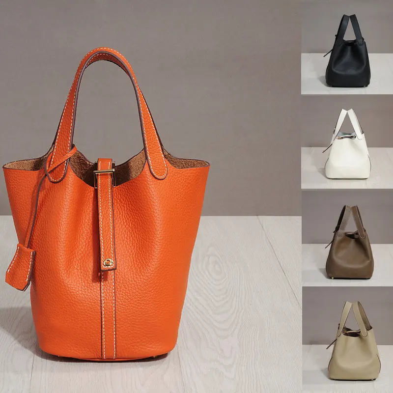 

Trendy Genuine Cow Leather Ladies Lunch Bag 2025 New Luxury Designer women Bucket Bag Food Basket Picnic Handbag Soft Top-handle