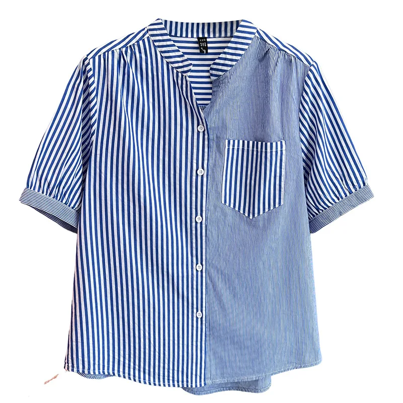 

100 кг новые летние блузки, повседневные и стильные маленькие полосатые рубашки с v-образным вырезом и короткими рукавами, цветные блокировки для женщин больших размеров 2411