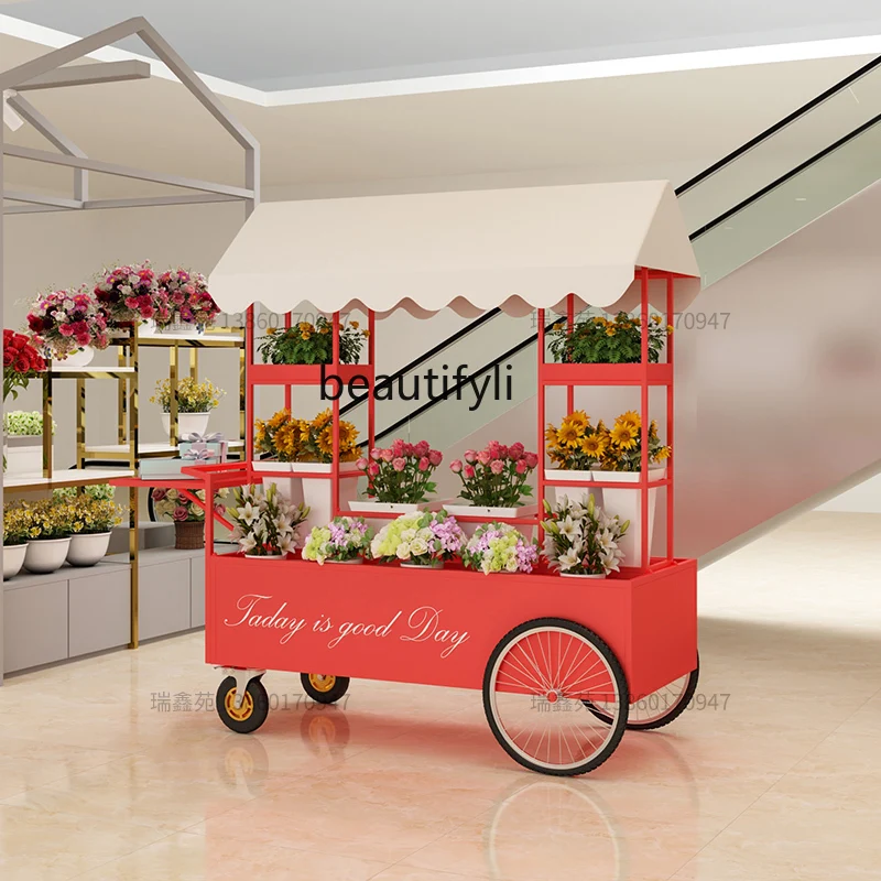 

Flower shop special cart stand stall trolley, mobile commercial flower bucket stand stall flower cart
