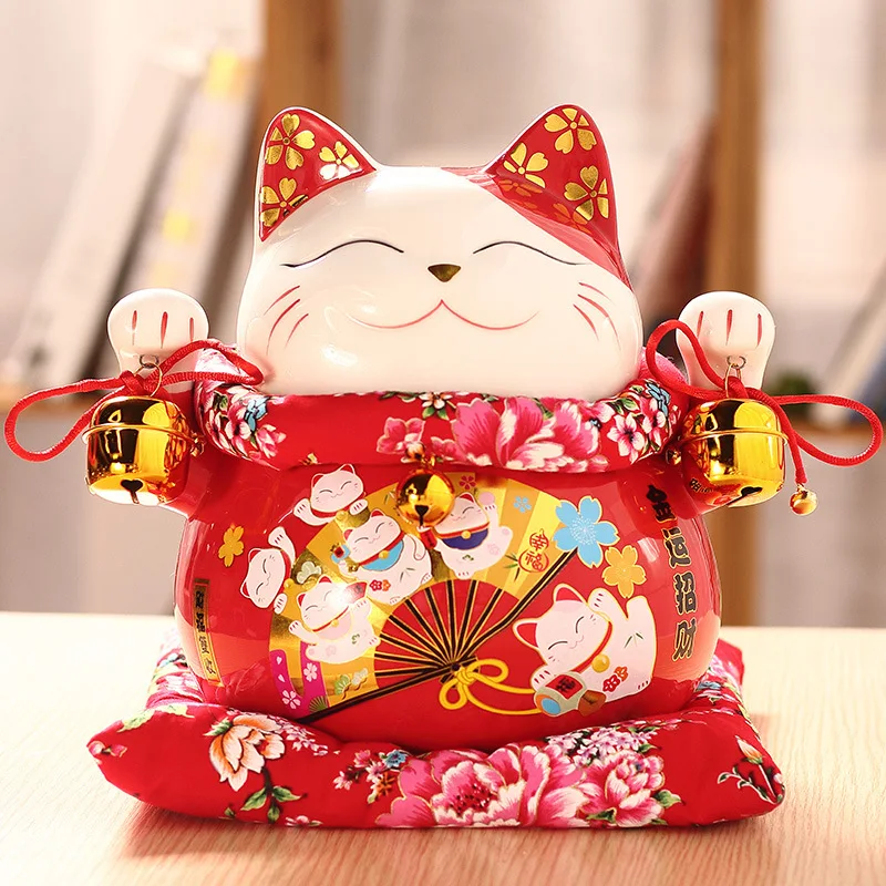 

10 inch Maneki Neko Ceramic Lucky Cat Porcelain Fortune Cat Money Box Fengshui Statue Charm Crafts Home Decoration Business Gift