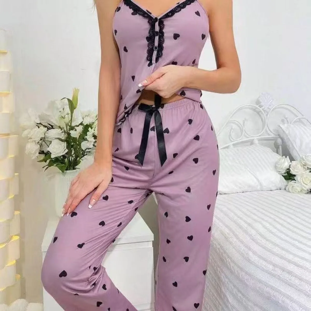 Charming Women's Pink Heart Print Cami Top And Matching Pants Set With Black Lace Trim For Romantic Bedtime Night