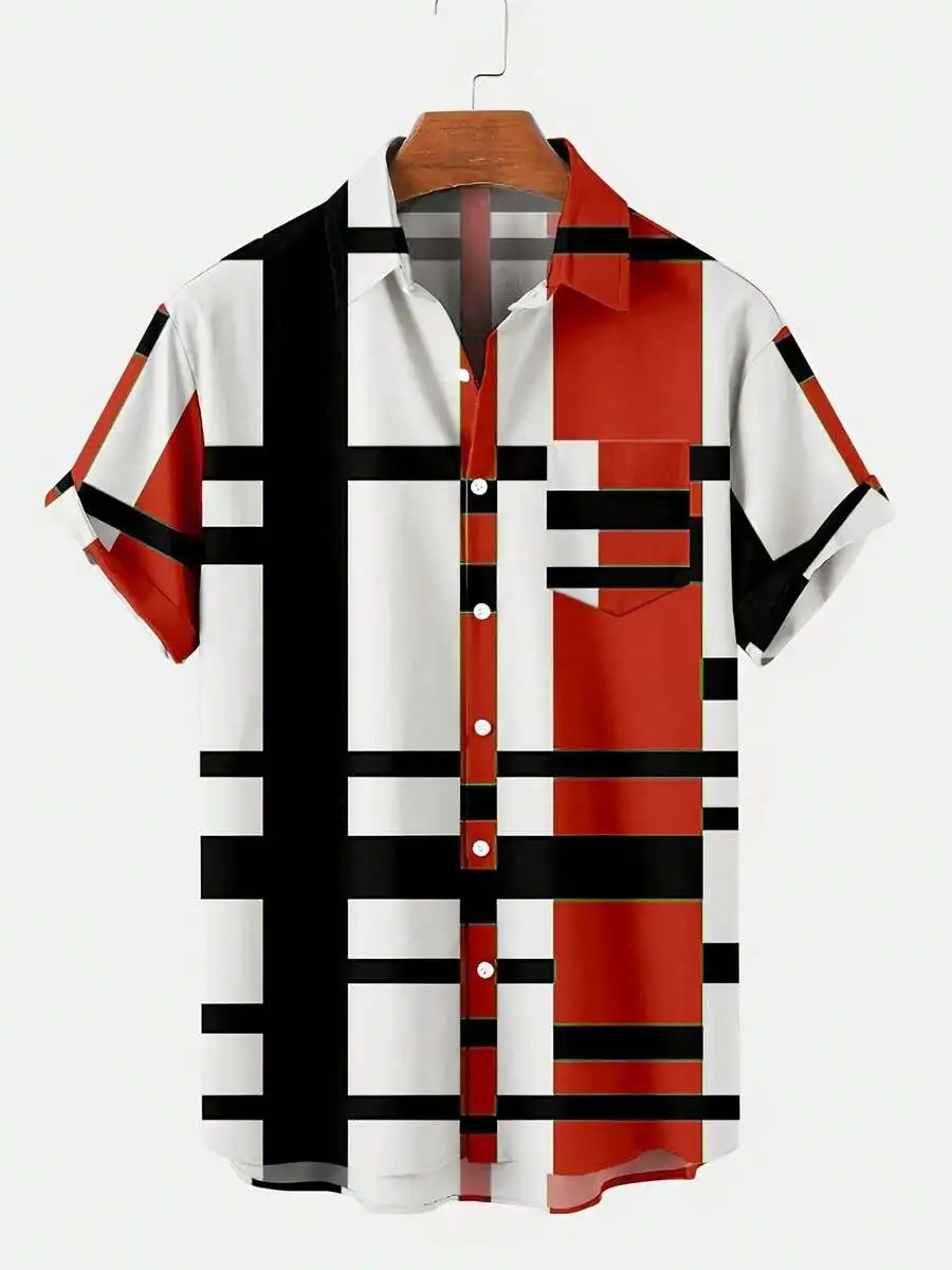 

Geometric Abstract Print Mens Casual Short Sleeve Shirt With Turn-Down Collar