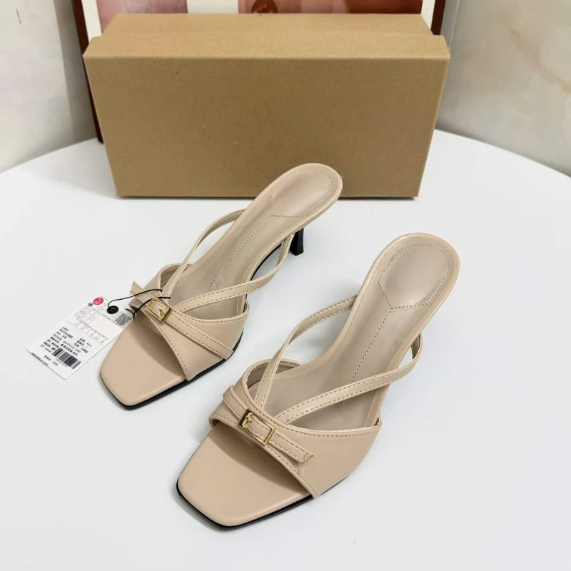 

2026 Fashion Square Toe High Heel Sandals Women Metal Buckle Strap Heeled Mules Thin Heels for Office Party Daily Casual Wear
