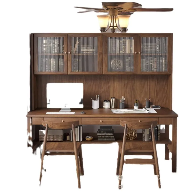 Medieval style all solid wood desk bookcase integrated bedroom against the wall double long workbench learning writing table log