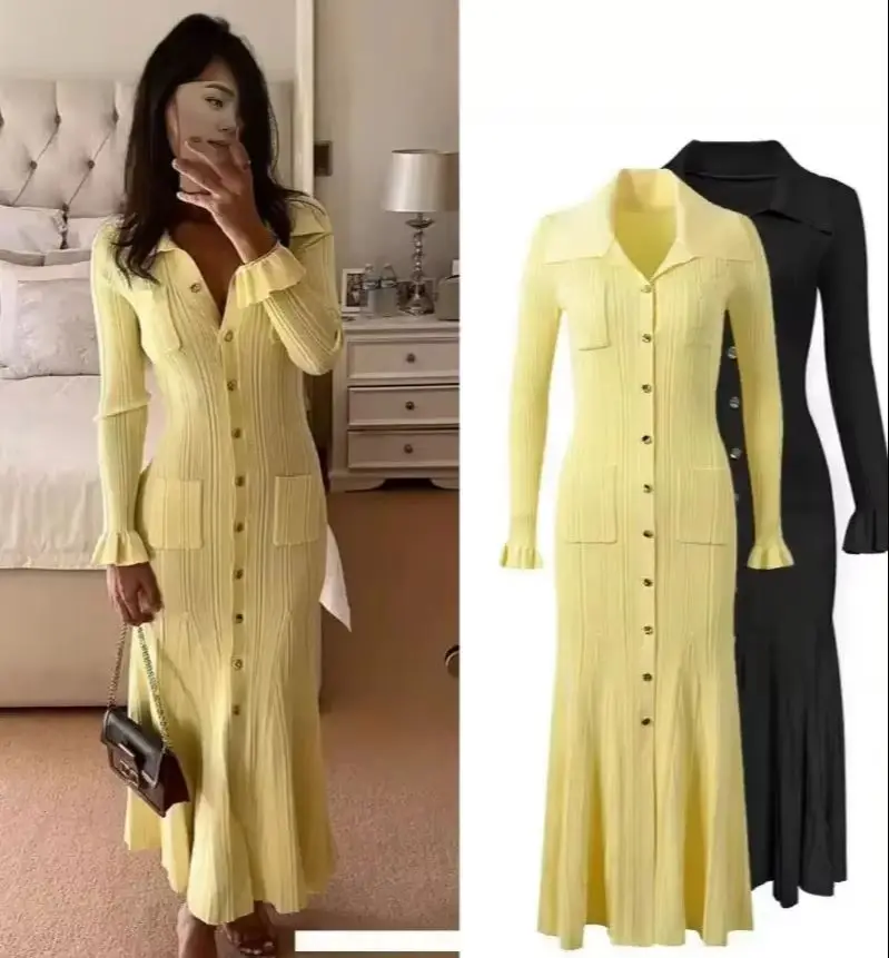 

Elegant Knit Ribbed Single Breasted Long Dress Women Slim Lapel Flare Sleeve Pockets Female Dresses Autumn Lady Solid Robes