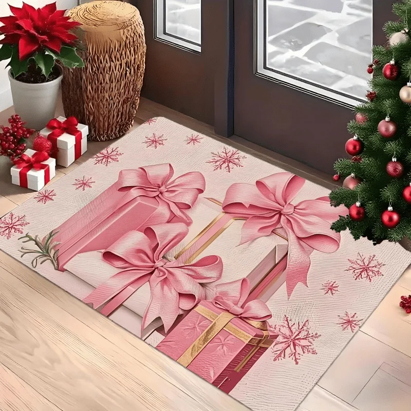 Pink Christmas Gift Box Doormat, Present Bow Snowflake Printed Floor Rug, Front Door Xmas Home Decoration