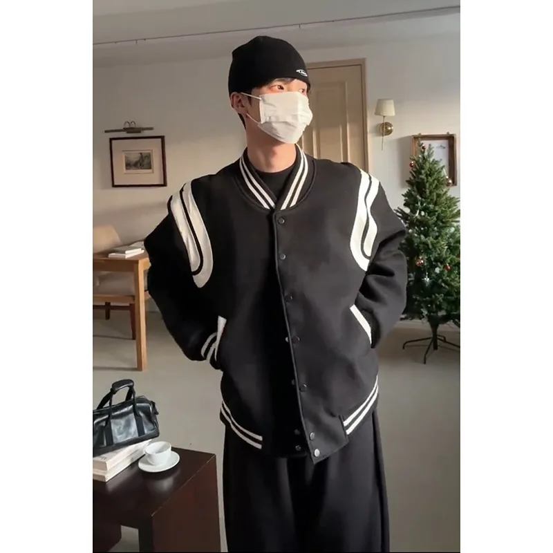 

Loose Men's Baseball Jaet Contrast Color Woolen Pilot Coat American Sle Spring Autumn New Faion High Sensation