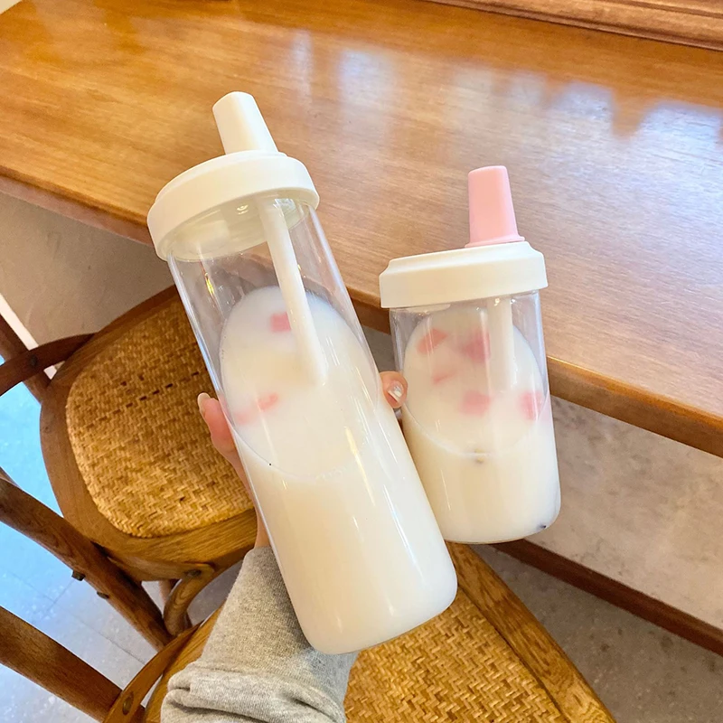 Kawaii Pearl Milk Tea Straw Glass Water Bottle Women Student Portable Large Capacity Plastic Juice Boba Milk Tea Drinkware Cup