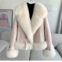 Manteau en fourrure PU pour femme, veste de prévention du froid, veste chaude pour femme, col en fourrure de renard, optique, daim, haute qualité, nouvelle mode, hiver, 2023