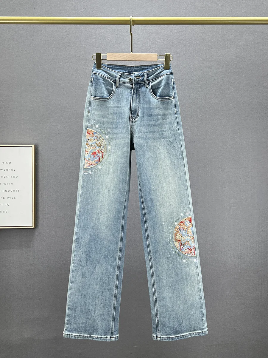 

Женские джинсовые брюки с высокой талией, вышивкой и стразами, широкие штанины, прямой крой, хлопок, стрейч, новинка весны 2024