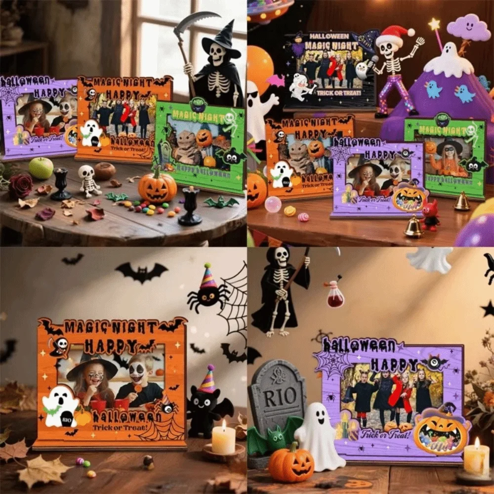 

Creative Halloween Picture Frame Ornament Changeable Wood Photo Frame Happy Halloween Design Black Sprider Print